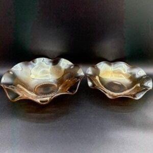 Vintage‎ Carnival Glass Ruffled Bowls Set of 2 Iridescent Iris Pattern Jeannette